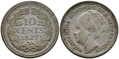 Нидерланды 10 центов 1927 Вильгельмина I (1890-1948) КМ 163 серебро 4387-723