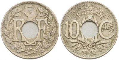 ФРАНЦИЯ 10 САНТИМОВ 1922 tb, ТИП ЛИНДАЙЁ, МОНЕТНЫЙ ДВОР ПУАССИ, МОЛНИЯ KM 866а медно-никель 4402-744