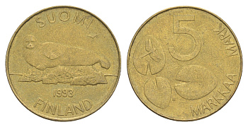Финляндия 5 марок 1993 KM 73 алюминиевая бронза 4648-632