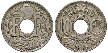 Франция 10 сантимов 1925 KM 866a медно-никель 4164-413