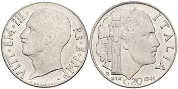 ИТАЛИЯ 20 ЧЕНТЕЗИМО 1941 R, ГОД XIX, ВИКТОР ЭММАНУИЛ III (1900-1946) KM 75b, VEM3. 1028 нержавеющая сталь 3853-947