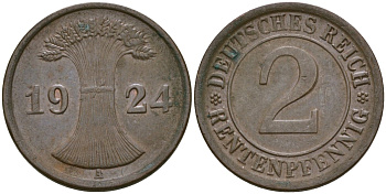 Германия 2 рентенпфеннига 1924 A KM 31 бронза 4171-1054