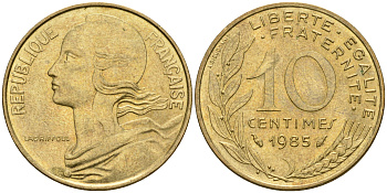 Франция 10 сантимов 1985 тип Марианна KM 929, LE FRANC 144.25 медь алюминий никель 4364-434