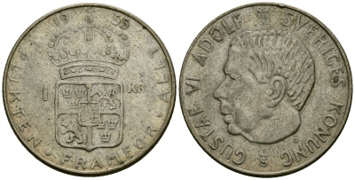 Швеция 1 крона 1955 TS, Густав VI Адольф (1950-1973) KM 826 серебро 4177-1011