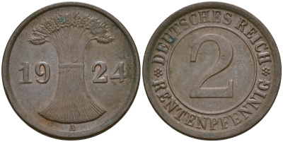 Германия 2 рентенпфеннига 1924 A KM 31 бронза 4171-1054