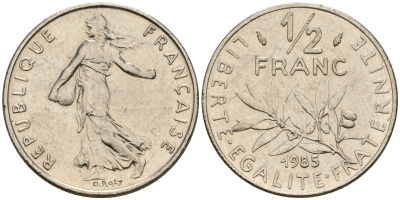 Франция 1/2 франка 1985 сеятель KM 931.1 никель 25-1141