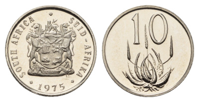 ЮАР 10 центов 1975 герб, цветок алоэ KM 85 никель PROOF 4690-958