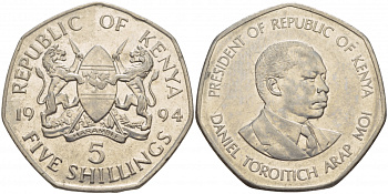 Кения 5 шиллингов 1994 Дэниэл арап Мои KM 23а сталь плакированная никелем 4545-421