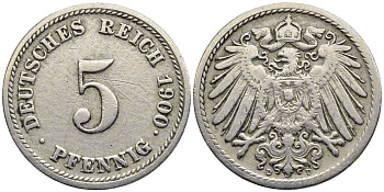 ГЕРМАНИЯ 5 ПФЕННИГОВ 1900 D KM 11, Jager 12, Weege 6 медно-никель 4547-411