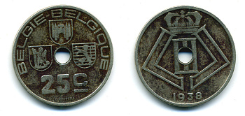 БЕЛЬГИЯ 25 САНТИМОВ 1938 BELGIE-BELGIQUE, ГЕРМАНСКАЯ ОККУПАЦИЯ, ВТОРАЯ МИРОВАЯ ВОЙНА KM 115.1 никель латунь 86-1833