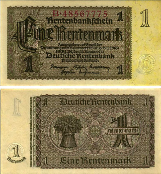 ГЕРМАНИЯ 1 РЕНТЕНМАРКА 1937 30 ЯНВАРЯ 1937, ВЕЙМАРСКАЯ РЕСПУБЛИКА, ВОСЕМЬ ЦИФР В НОМЕРЕ СЕРИИ, СЕРИЯ B Pick 173b, Rosenberg 166b бумага аUNC 8616-8-3-1