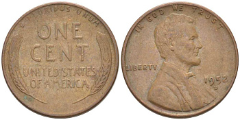 США 1 ЦЕНТ 1952 D, ЛИНКОЛЬН KM А132 медь цинк 3309-942