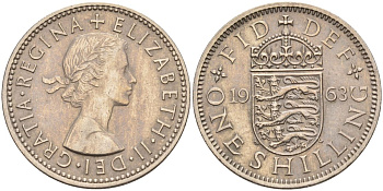 Великобритания 1 шиллинг 1963 Елизавета II (1952-2022), Английский герб KM 904, Spink 4147 медно-никель 4153-923