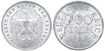 Германия 200 марок 1923 A KM 35, J. 304, Weege 22 алюминий 4604-551