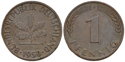 ФРГ 1 пфенниг 1950 J KM 105, J.380 сталь плакированная медью 4602-265