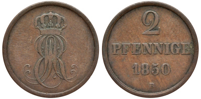 Ганновер 2 пфеннига 1850 B, Эрнст Август (1837-1851) KM 202.1, AKS 124, J. 75 медь 75-1935