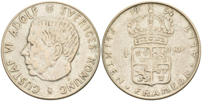 Швеция 1 крона 1954 TS, Густав VI Адольф (1950-1973) KM 826 серебро 3851-954