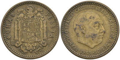 Испания 1 песета 1953 (61) Франсиско Франко (1939-1975) KM 775 алюминиевая бронза 3336-543