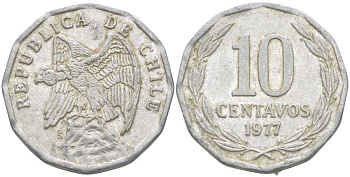 Чили 10 сентаво 1977 KM 205a алюминий 4402-421