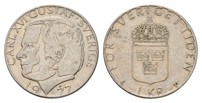 Швеция 1 крона 1977 Карл XVI Густав (1973- ) KM 852 медь плакированная медно-никелем 183-252