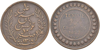 Тунис 10 сантимов 1891 АН 1308, Али III ибн аль-Хусейн KM 222 бронза 4526-145