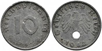 ГЕРМАНИЯ 10 РЕЙХСПФЕННИГОВ 1942 G KM 101, J 371 цинк 4525-1217