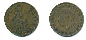 Великобритания 1 пенни 1934 Георг V (1910-1936) КМ 838, Spink 4055 бронза 4383-712