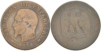 ФРАНЦИЯ 5 САНТИМОВ 1854 К, НАПОЛЕОН III (1852-1870) KM 777.5, LE FRANC 116.13 бронза 217-153