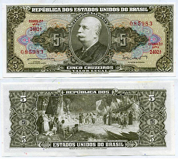 БРАЗИЛИЯ 5 КРУЗЕЙРО 1962 СЕРИЯ 2402А, БАРАО ДО РИО БРАНКО Pick 176а бумага UNC (ПРЕСС) 7203-90-3