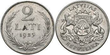Латвия 2 лата 1925 Первая Республика (1918-1939) KM 8 серебро 27-1242