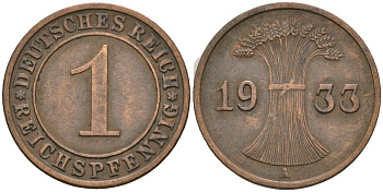 Германия 1 рейхспфенниг 1933 A KM 37, J. 313 бронза 4189-1223