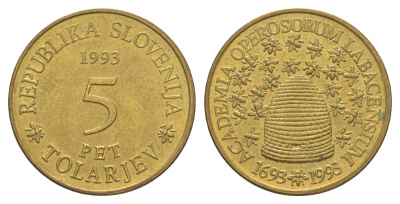 Словения 5 толаров 1993 300 лет Словенской Академии Наук и Искусств KM 12 латунь UNC 4571-153