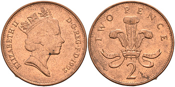 Великобритания 2 пенса 1992 Елизавета II (1952-2022) KM 936, Spink 4376 бронза 4116-746