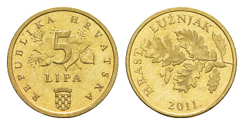 Хорватия 5 лип 2011 дуб, нечетный год KM 5 сталь плакированная латунью UNC 3309-359