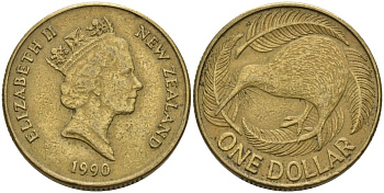 Новая Зеландия 1 доллар 1990 Елизавета II (1952-2022), птица киви KM 78 алюминиевая бронза 29-452
