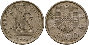 Португалия 5 эскудо 1976 KM 591 медно-никель 4156-543
