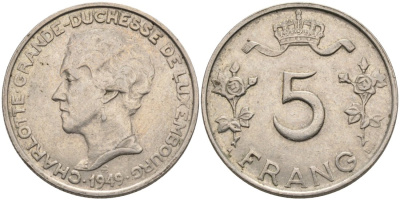 Люксембург 5 франков 1949 Великая герцогиня Шарлотта (1919-1964) KM 50 медно-никель 3460-123