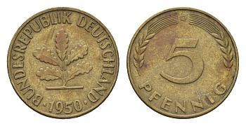 ФРГ 5 пфеннигов 1950 D KM 107, J. 382 сталь плакированная латунью 4618-1053