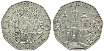 Австрия 5 евро 2007 850 лет городу Мариацелль, церковь KM 3145 серебро UNC 413-2222