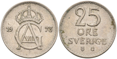 Швеция 25 эре 1973 Густав VI Адольф (1950-1973) KM 836 медно-никель 4585-511