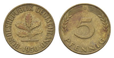 ФРГ 5 пфеннигов 1950 D KM 107, J. 382 сталь плакированная латунью 4618-1053