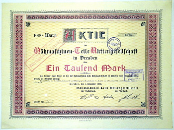 Германия акция в 1000 марок 1918 АО по производству деталей для швейных машин в Дрездене, Nahmaschinen-Teile Aktiengesellschaft in Drezden бумага 5553-23