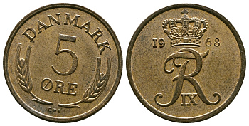 ДАНИЯ 5 ЭРЕ 1968 C; S, ФРЕДЕРИК IX (1947-1972) KM 848.1 бронза 4383-1052