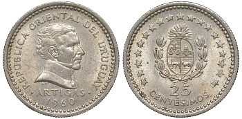 Уругвай 25 сентесимо 1960 KM 40 медно-никель 4580-137