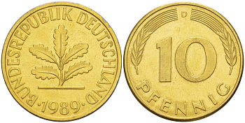 ФРГ 10 ПФЕННИГОВ 1989 D KM 108, J. 383 сталь плакированная латунью 219-545