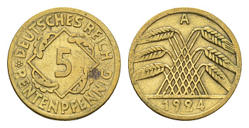 Германия 5 рентенпфеннигов 1924 A KM 32, J. 308 алюминиевая бронза 4632-548