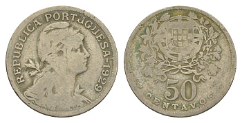 Португалия 50 сентаво 1929 голова Свободы вправо KM 577 никель латунь 4388-131