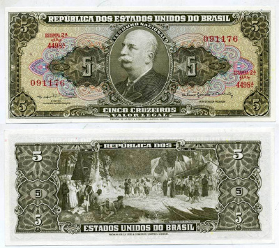 БРАЗИЛИЯ 5 КРУЗЕЙРО 1964 СЕРИЯ 4498А, БАРАО ДО РИО БРАНКО, ERSTAMPA 2А Pick 176d бумага UNC (ПРЕСС) 6293-51-3