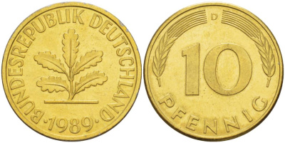 ФРГ 10 ПФЕННИГОВ 1989 D KM 108, J. 383 сталь плакированная латунью 219-545