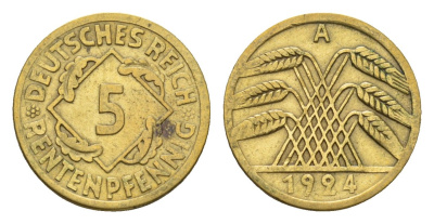 Германия 5 рентенпфеннигов 1924 A KM 32, J. 308 алюминиевая бронза 4632-548